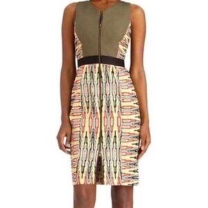 Rachel Roy Green Batik Tribal Aztec Print Sleeveless‎ Fitted Sheath Dress Size 0